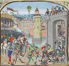 A colourful medieval image of a town being stormed by an English army