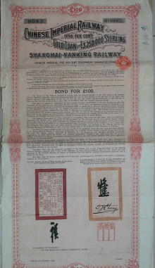 这是1904年发行的沪宁铁路债券，债券上印有详细的债券发行条款，其中多数条款是倾向英国的利益[1]。