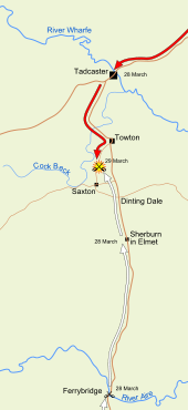 約克派軍隊向北移動接近陶頓，3月28日參與費里布里奇戰役（英語：Battle of Ferrybridge）之後在同日到達Sherburn-in-Elmet。蘭卡斯特派向南移動至Tadcaster。雙方都在3月29日到達陶頓。