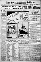 1912年4月16日 《纽约论坛报》头版，关于泰坦尼克号各等舱搭乘人数、救援行动、部分生还者名单等报导。