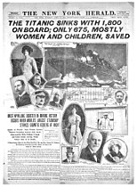 1912年4月15日 《纽约先驱报》头版，关于泰坦尼克号沉没事故经过、预估获救人数、船上知名乘客等报导。