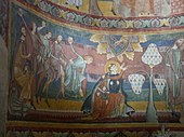 聖斯蒂芬遭石頭砸死；1160年代；壁畫；高度：1.3米；聖約翰修道院（英語：Saint John Abbey, Müstair）（瑞士格勞賓登州瓦爾米施泰爾）