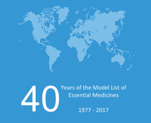 World map with the words "40 years of the model list of essential medicines 1977-2017"