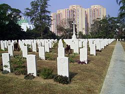 西灣國殤紀念墳場內的加拿大軍人墳墓，本圖攝於2008年。該墳場為安葬在香港保衛戰中陣亡及死於日軍戰俘營的軍人而建，由英聯邦戰爭公墓委員會管理。在墳場內埋葬有1,578具遺骸，當中有444具不能辨識身份；這些軍人來自英國、加拿大、印度及香港等地[361]；而在墳場入口的紀念亭，牆壁上刻有2,070位軍人的名字，他們的遺骸已不可尋獲；另有兩塊碑石，分別紀念因宗教理由而採用火葬的軍人，以及於兩次大戰期間在中國殉難後無法保存遺骸的英聯邦軍人[362]。