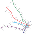 2003年至2007年间的地铁网络，使用Metrovías（西班牙语：Metrovías）实施的新配色方案，添加B线和D线的延伸线。